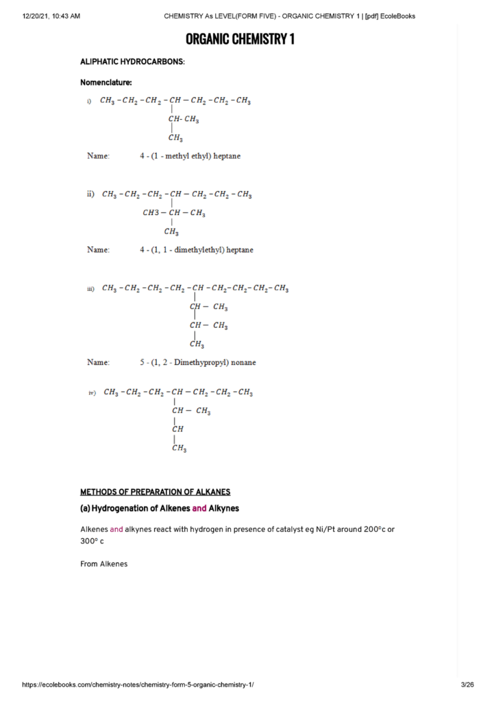 CHEMISTRY As LEVEL(FORM FIVE) NOTES – ORGANIC CHEMISTRY 1 - EcoleBooks