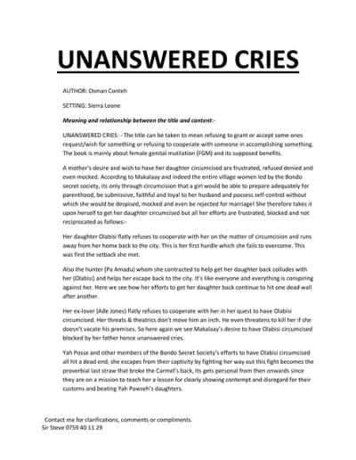 Analysis Of The Play Unanswered Cries