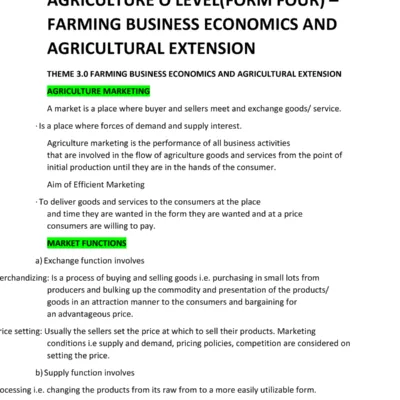 Agriculture O Levelform Four Notes Farming Business Economics And Agricultural Extension